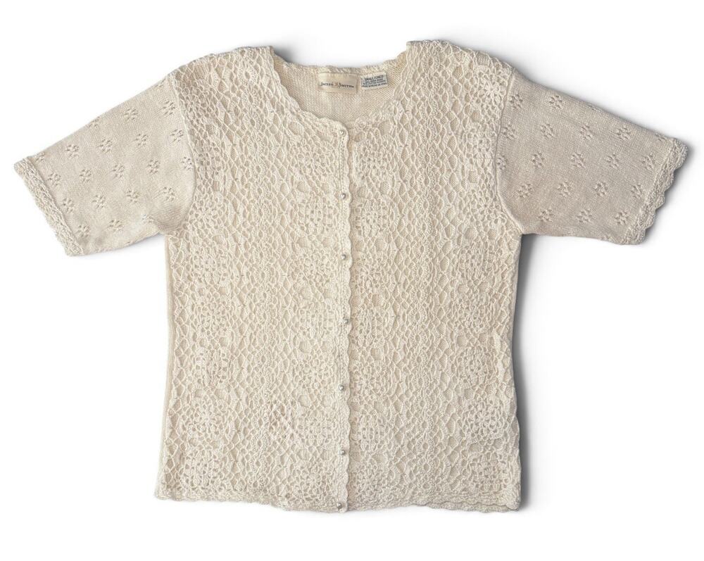 Vtg Jaclyn Smith Crochet Cardigan Sweater Cottagecore Pearl Buttons SS Ivory SM